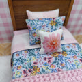 Dollhouse Miniature Single Bed Bedding Set Dollhouse Girl Room Floral | Plaid Blue and Pink with Accent Pillow