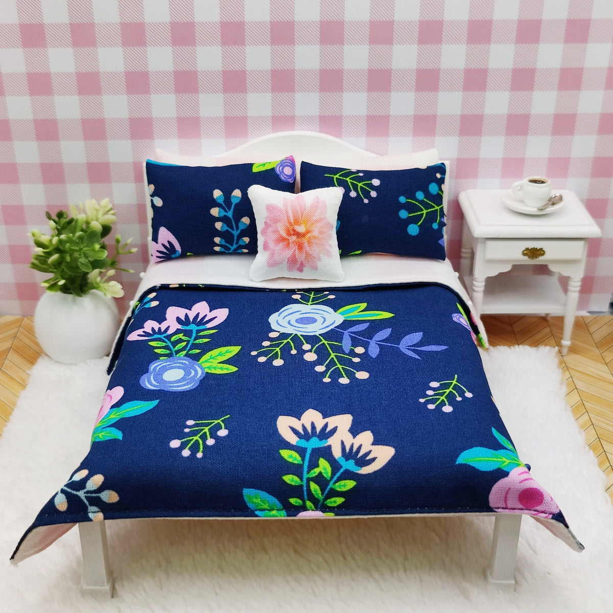 Miniature Dollhouse Floral Pink & Blue Bedding Set