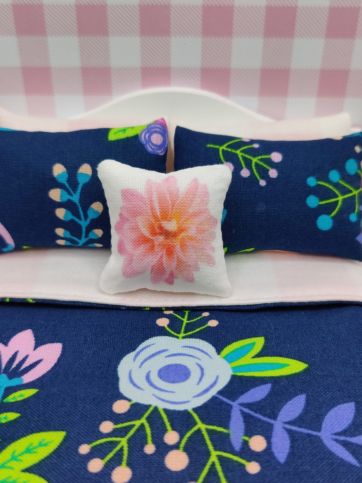 Miniature Dollhouse Floral Pink & Blue Bedding Set
