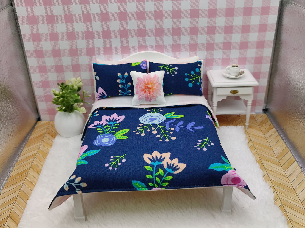 Miniature Dollhouse Floral Pink & Blue Bedding Set