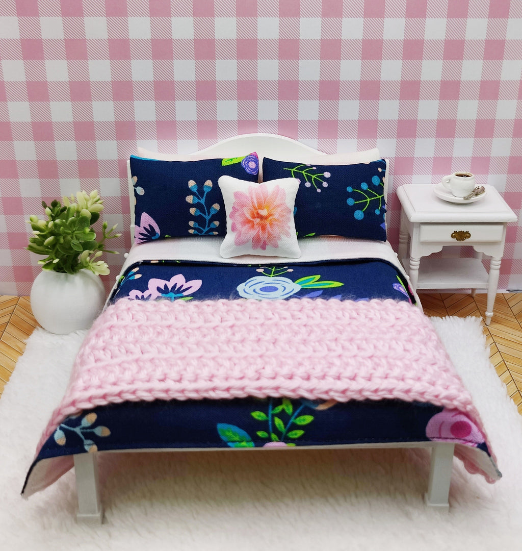 Miniature Dollhouse Floral Pink & Blue Bedding Set
