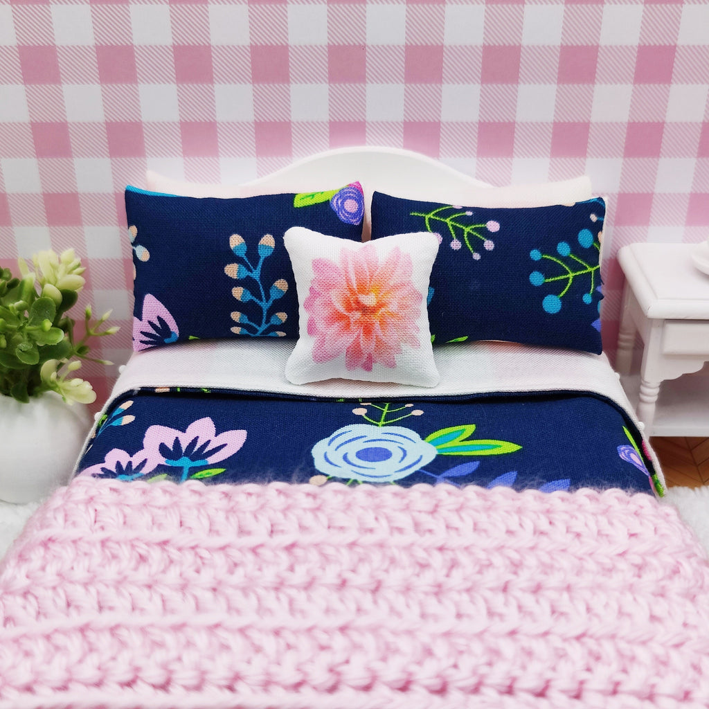 Miniature Dollhouse Floral Pink & Blue Bedding Set