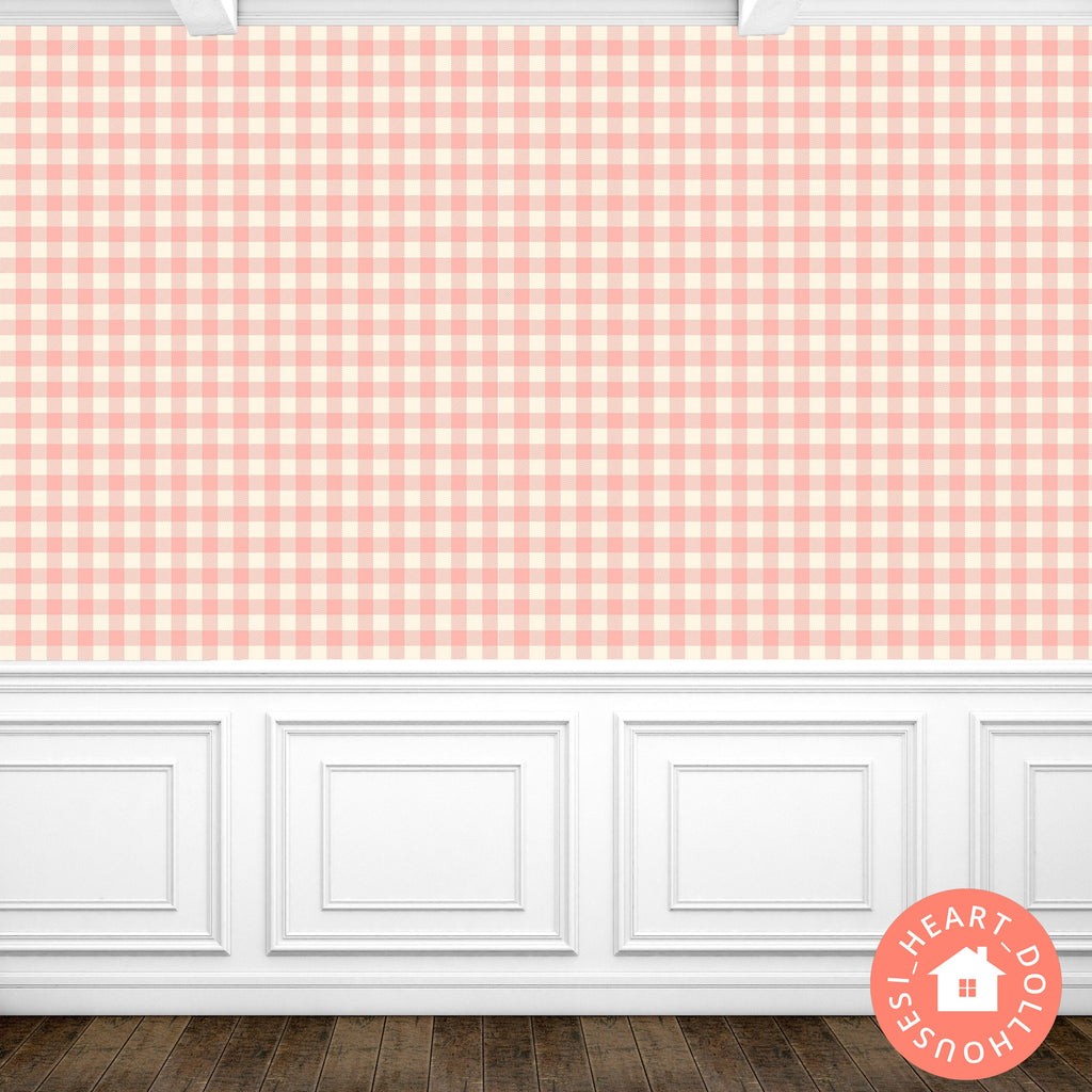 1/12 Dollhouse Coral Pink Gingham Pattern Wallpaper Printable Download 8.5 x 11"