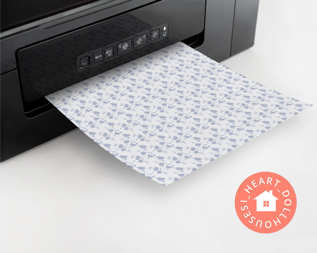Dusty Blue Floral Miniature Dollhouse Wallpaper 1:12, Printable Download 8.5 x 11