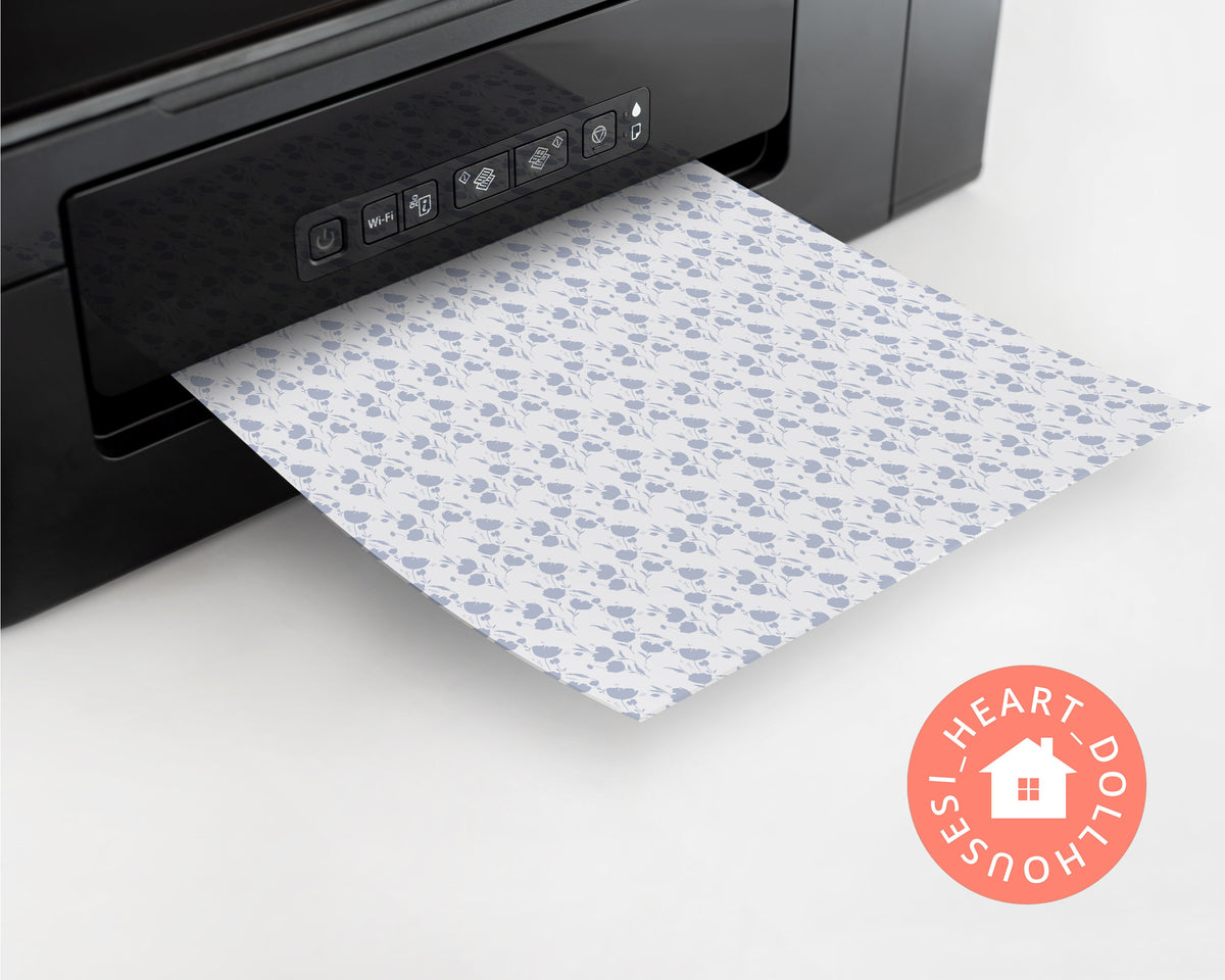 Dusty Blue Floral Miniature Dollhouse Wallpaper 1:12, Printable Download 8.5 x 11