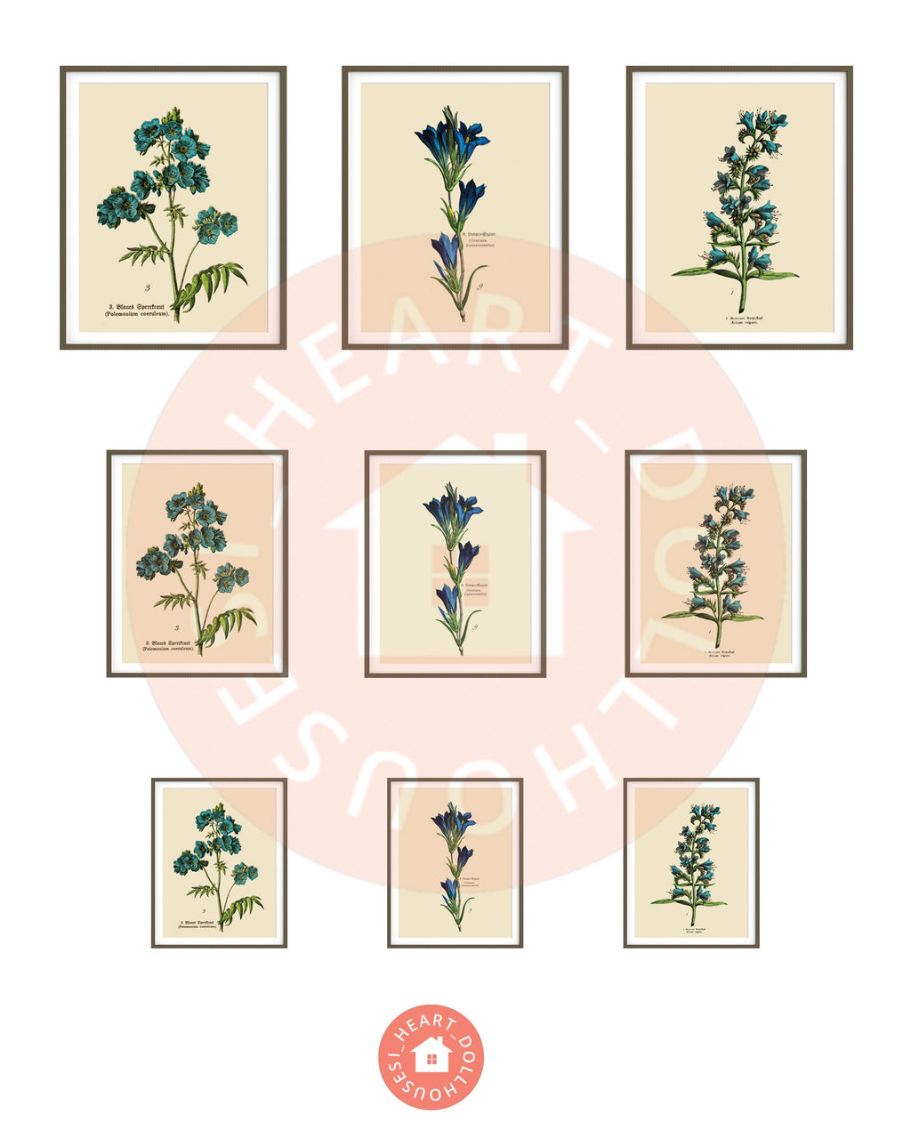 Miniature Botanic Art, Blue Flowers Gallery Wall for Dollhouses Printable Download 8.5 x 11"