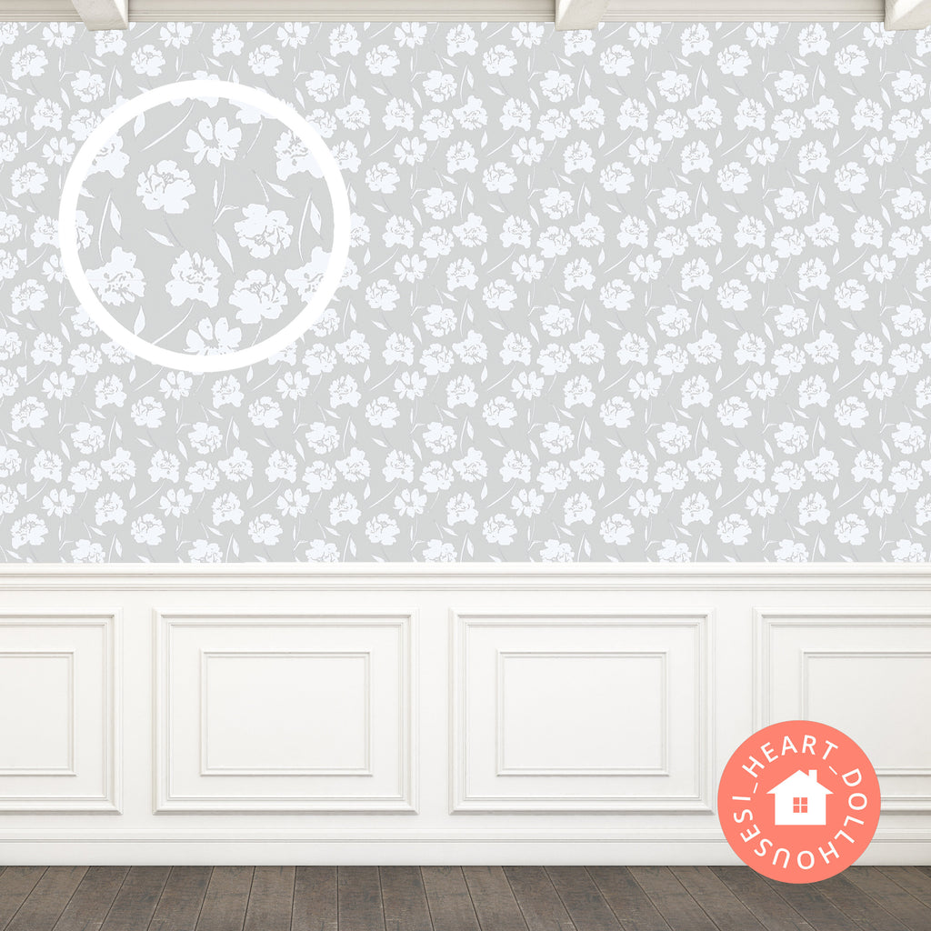 Dollhouse Wallpaper, Light Gray Floral Miniature 1:12 (PDF Download)