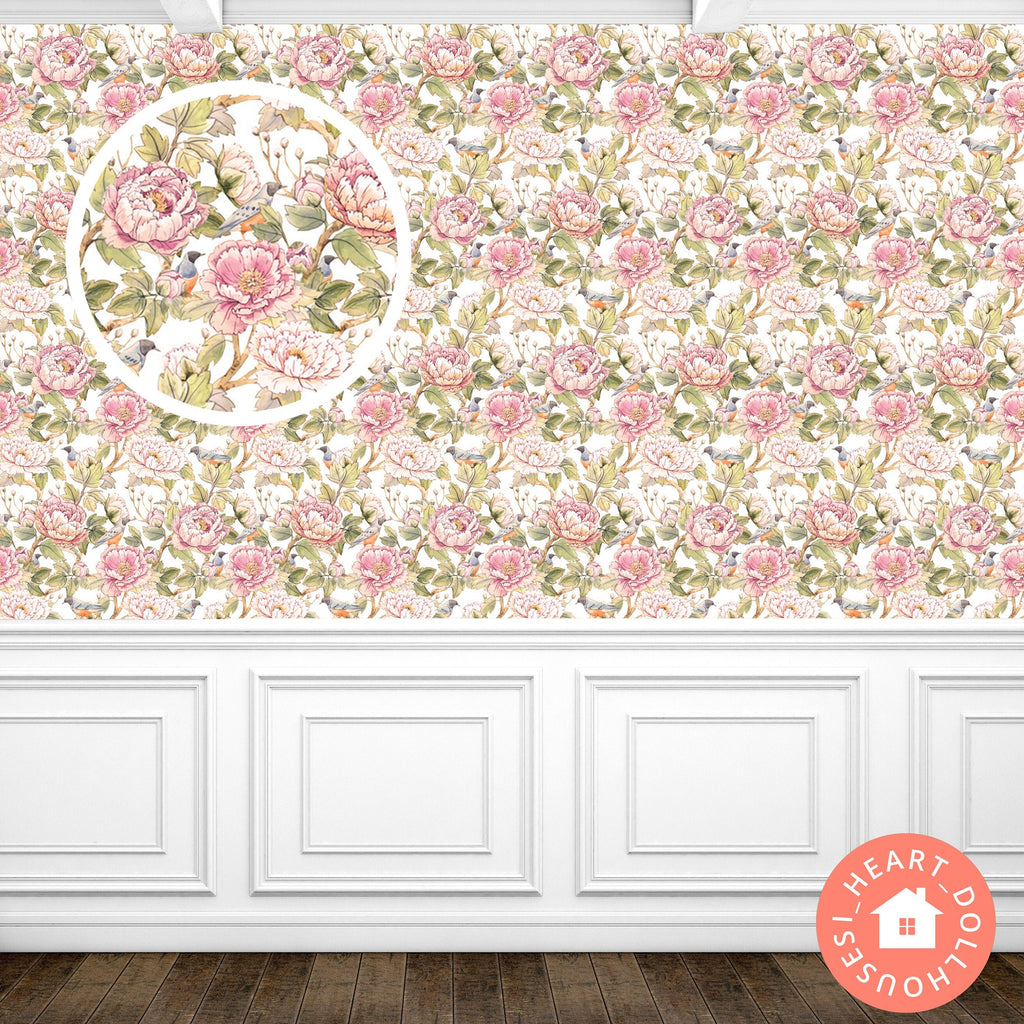 Shabby Chic Dollhouse Wallpaper, Birds and Flowers Miniature (PDF Download)