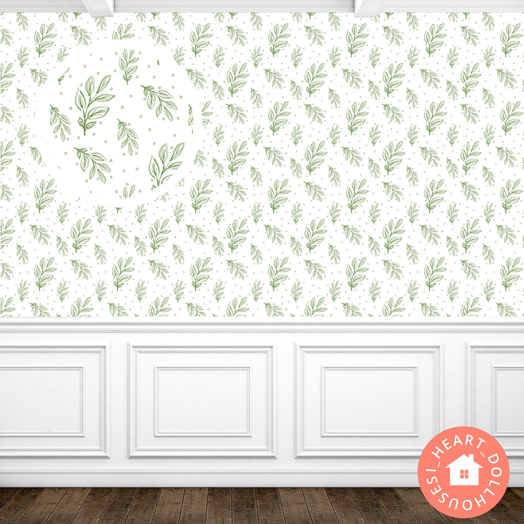 1:12 Olive Green Branches Dollhouse Wallpaper (Printable Download)