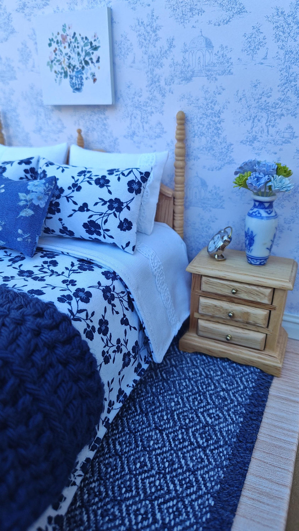 Miniature Dollhouse Navy & White Floral Bedding and Decorative Pillows Set