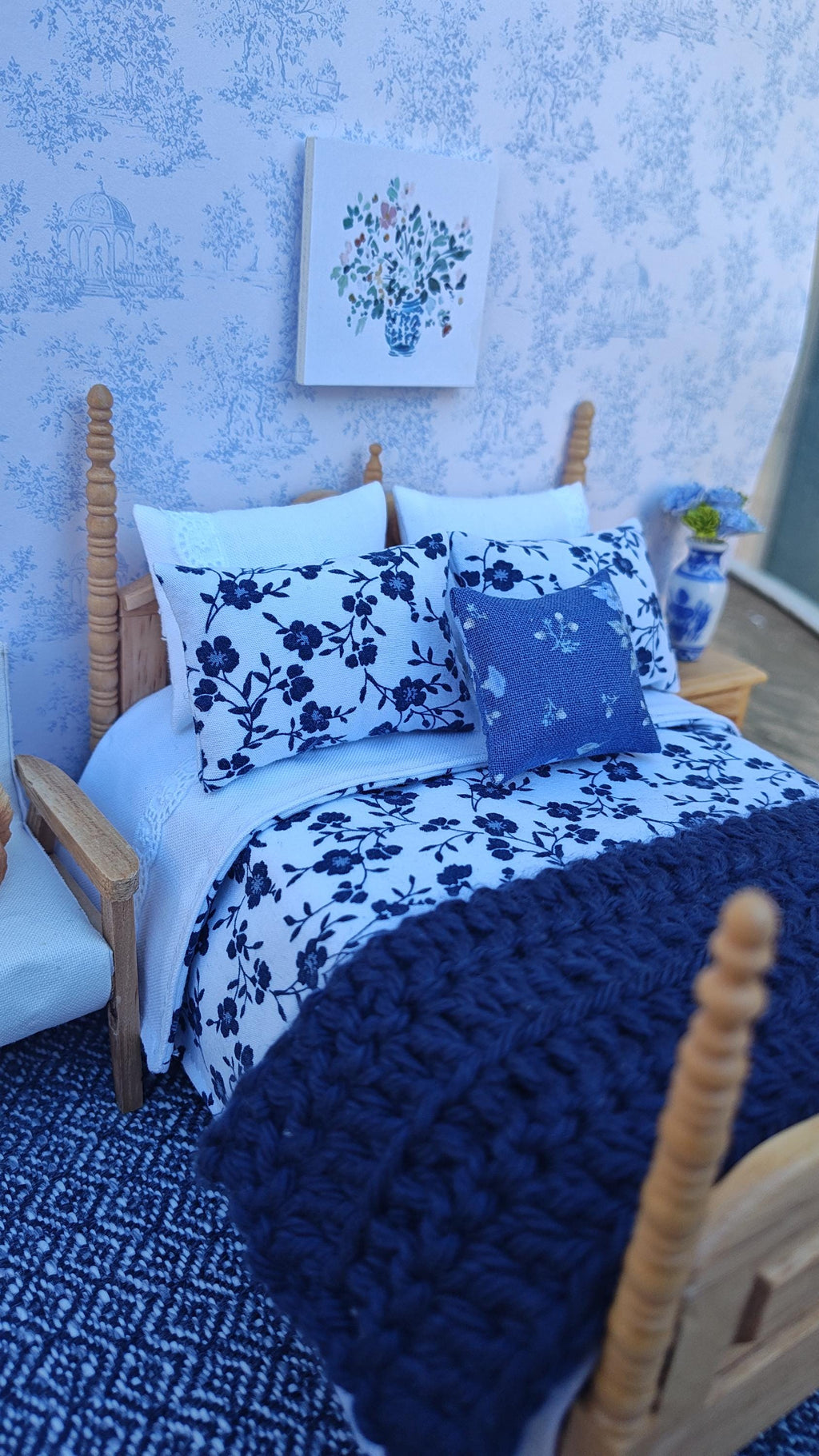 Miniature Dollhouse Navy & White Floral Bedding and Decorative Pillows Set