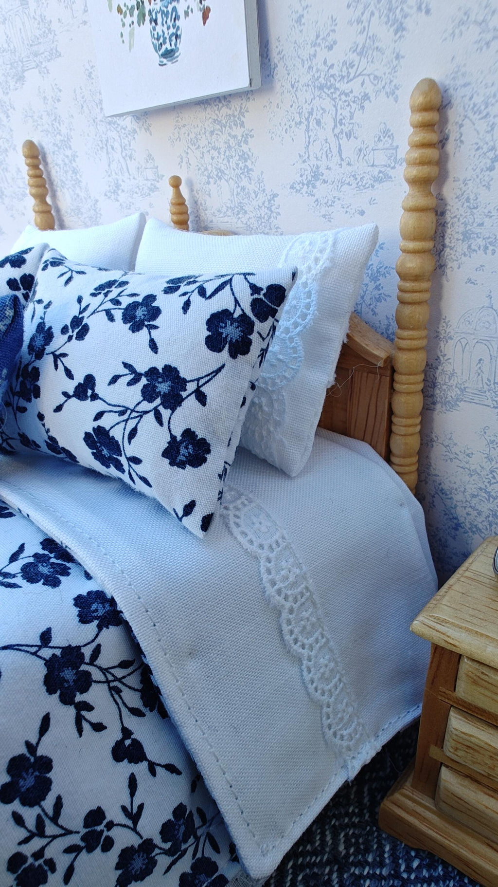 Miniature Dollhouse Navy & White Floral Bedding and Decorative Pillows Set