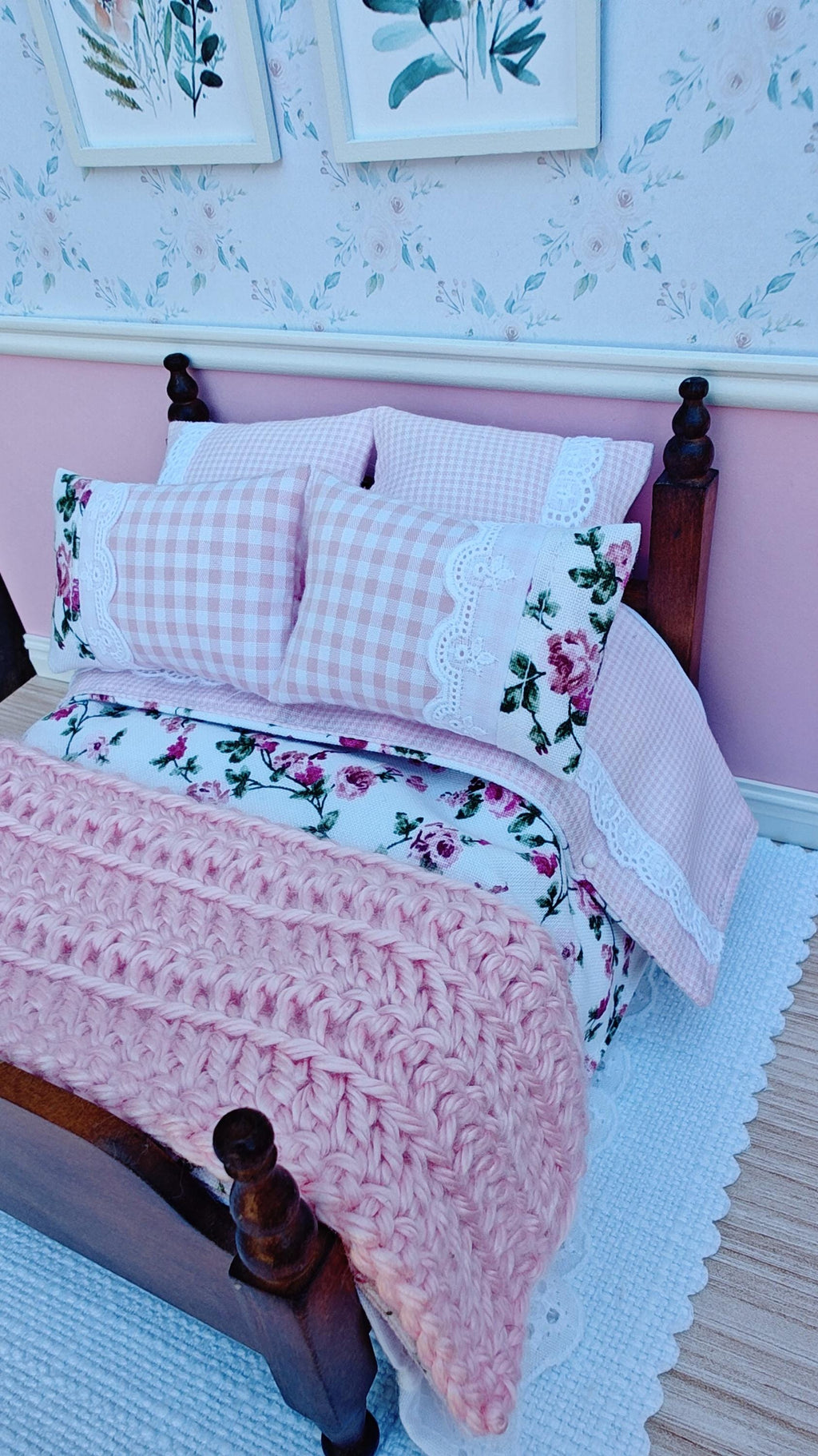 Floral Pink Gingham Dollhouse Miniature Bedding Set with Lace Accents (1:12 Scale)