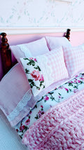 Floral Pink Gingham Dollhouse Miniature Bedding Set with Lace Accents (1:12 Scale)