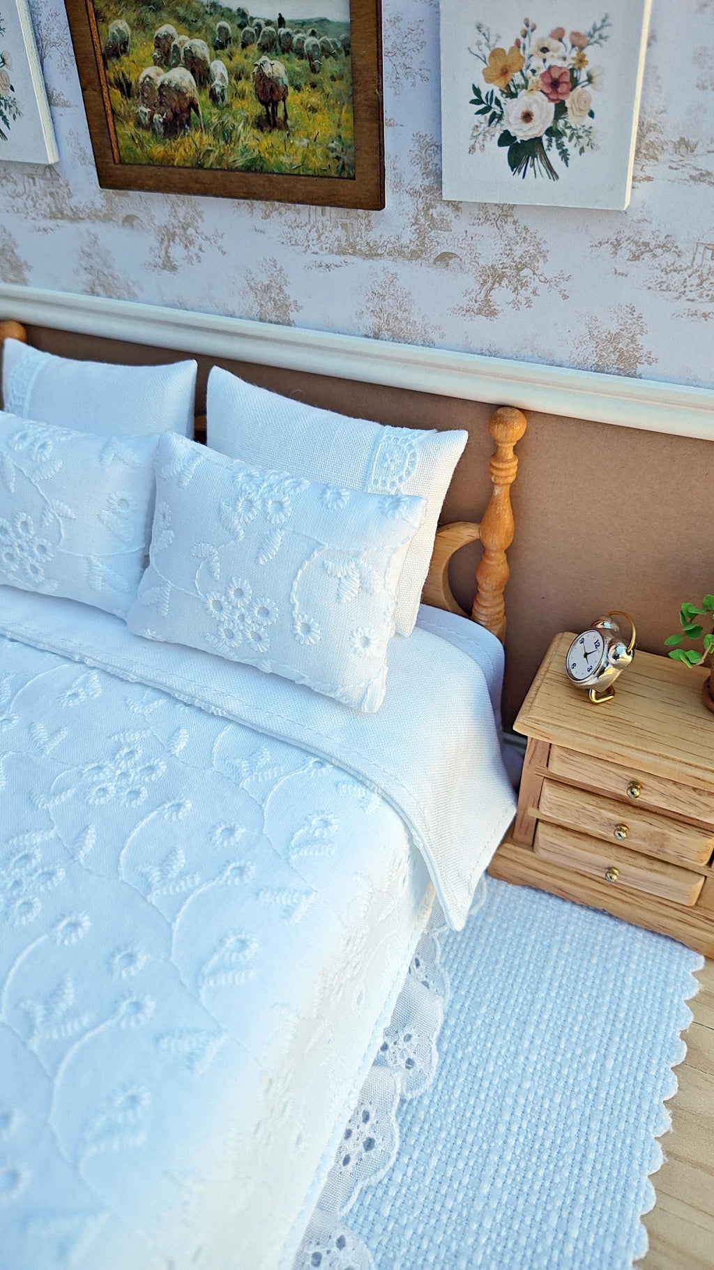 Miniature Dollhouse Luxurious White Embroidered Floral Bedding and Decorative Pillows Set NEW!