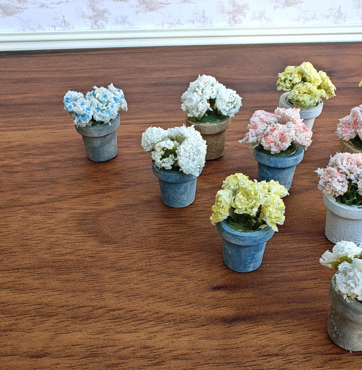 Miniature Pastel Carnations in Faux Small Cement Pot Modern Dollhouse Decor
