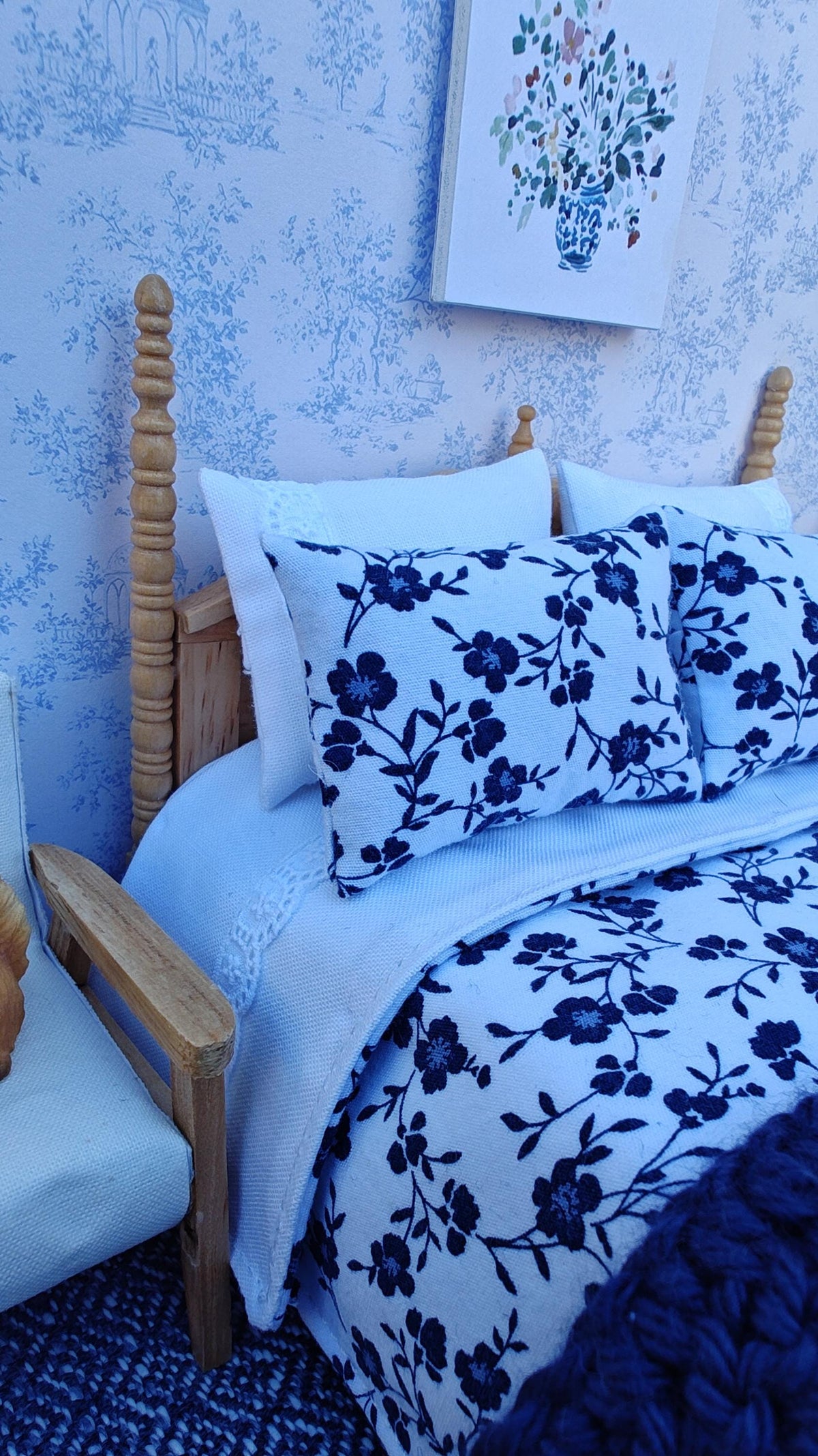 Miniature Dollhouse Navy & White Floral Bedding and Decorative Pillows Set
