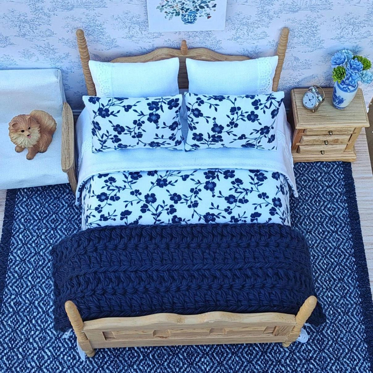 Miniature Dollhouse Navy & White Floral Bedding and Decorative Pillows Set