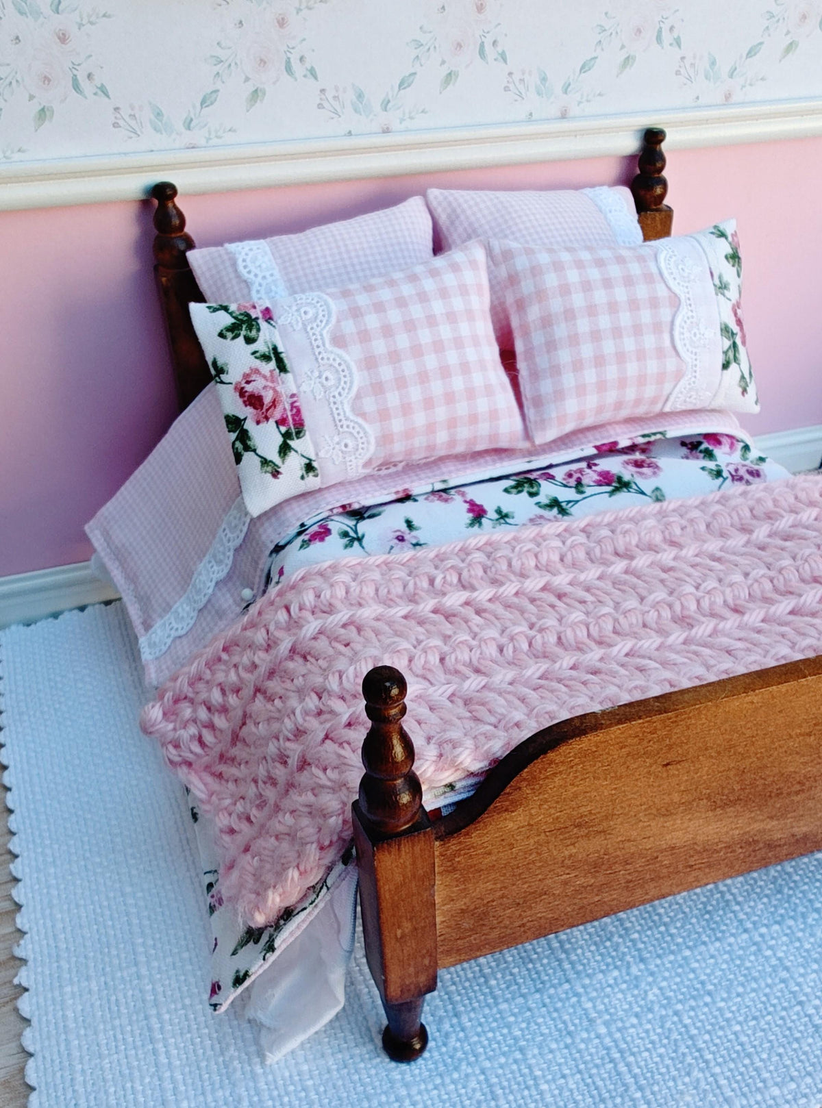 Floral Pink Gingham Dollhouse Miniature Bedding Set with Lace Accents (1:12 Scale)