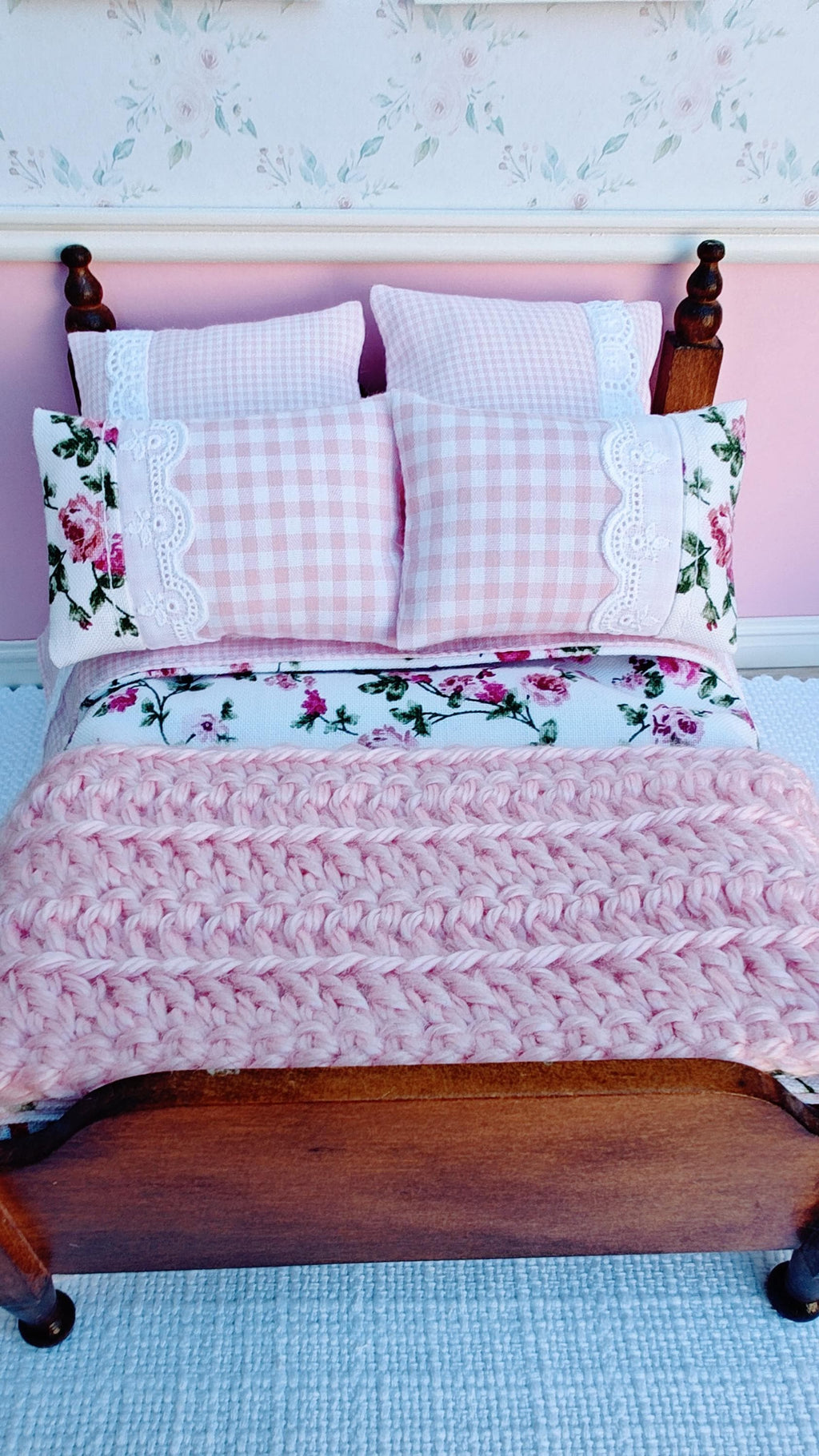 Floral Pink Gingham Dollhouse Miniature Bedding Set with Lace Accents (1:12 Scale)