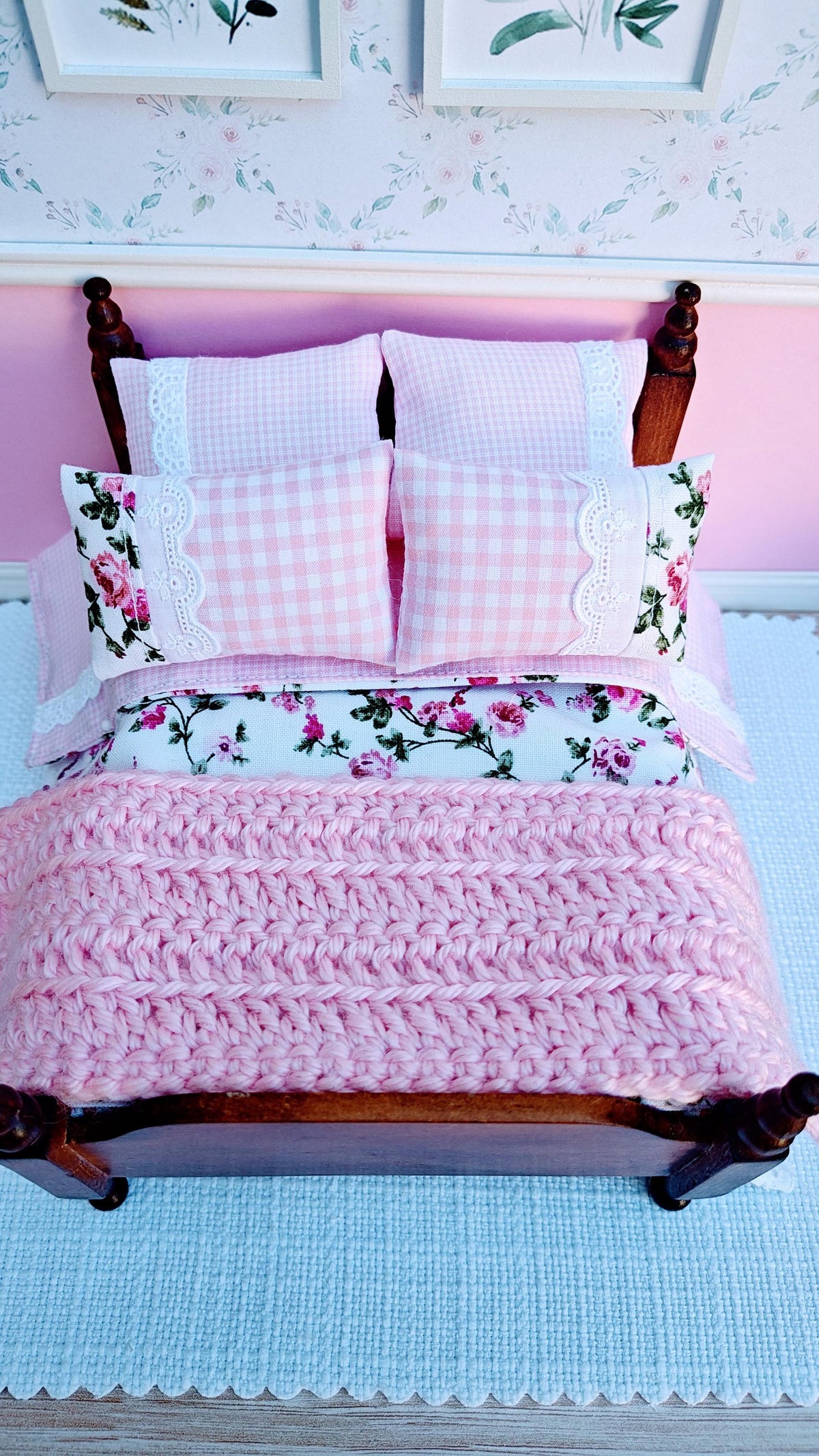 Floral Pink Gingham Dollhouse Miniature Bedding Set with Lace Accents (1:12 Scale)