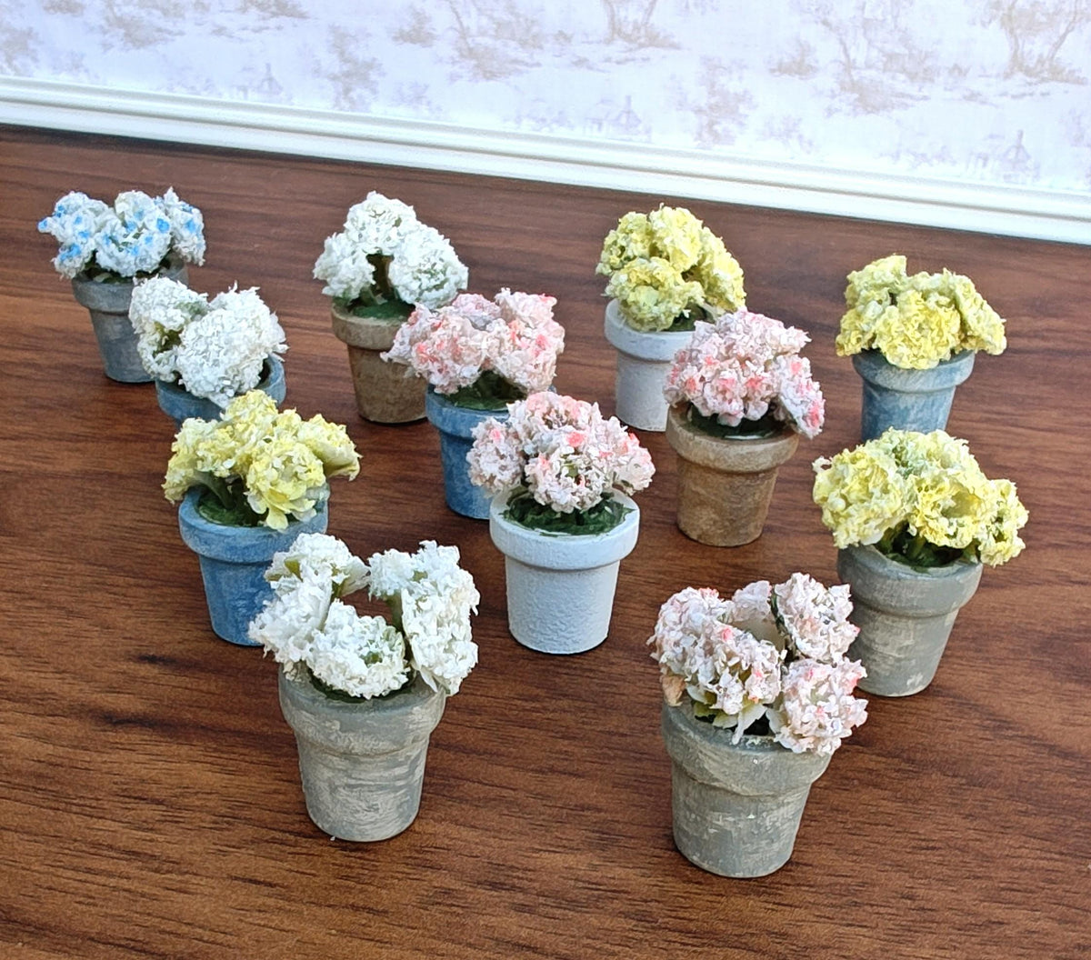 Miniature Pastel Carnations in Faux Small Cement Pot Modern Dollhouse Decor