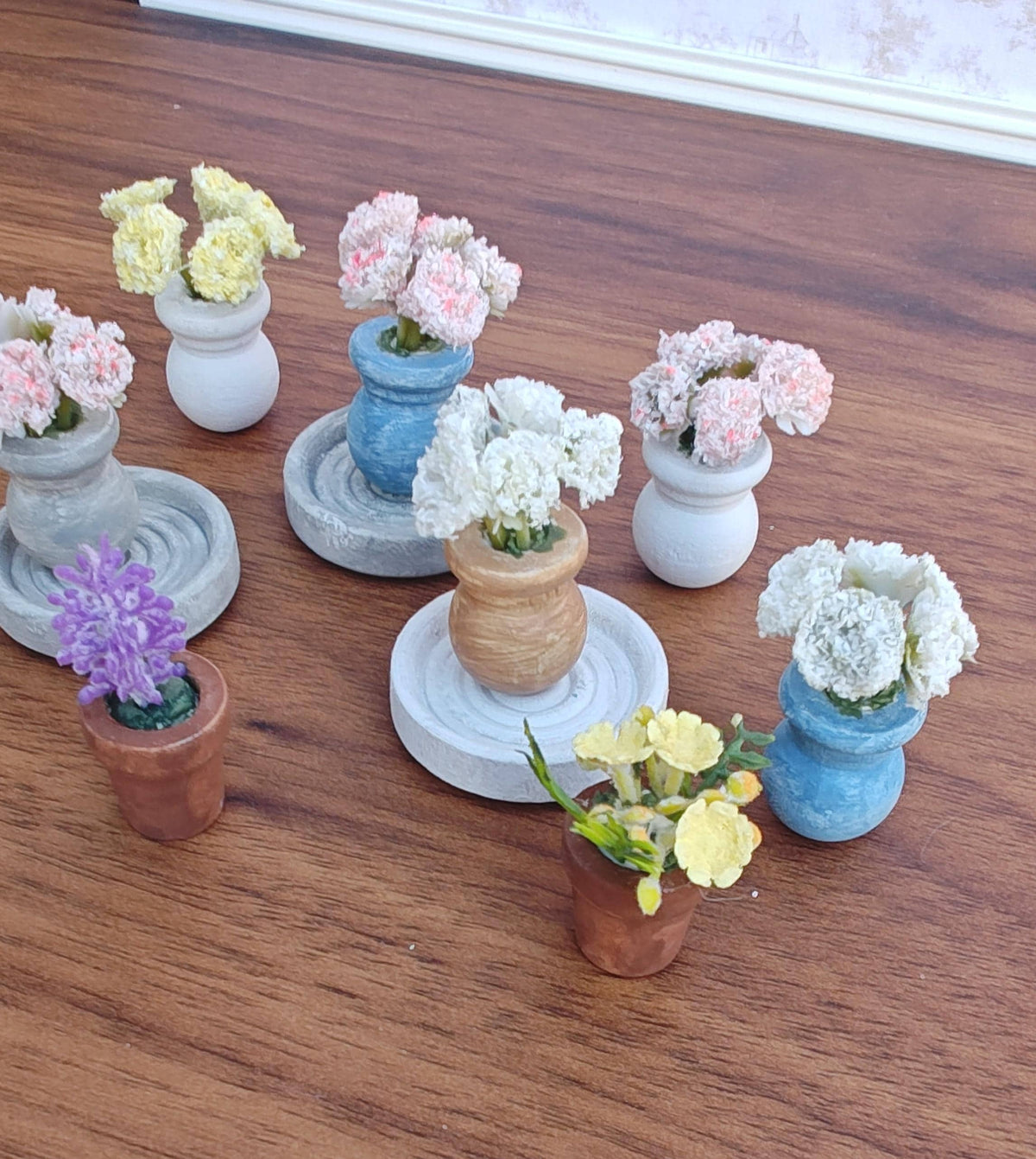 Miniature Pastel Carnations in Faux Small Cement Pot & Cement Trays Modern Dollhouse Decor
