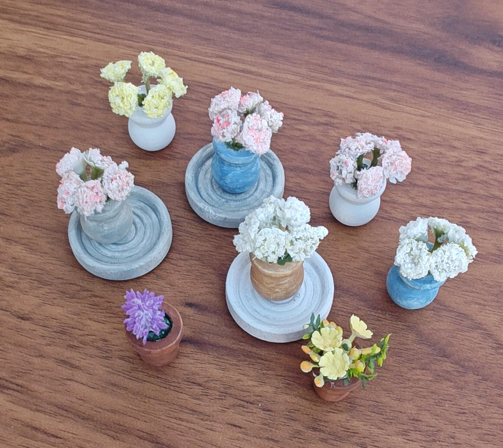Miniature Pastel Carnations in Faux Small Cement Pot & Cement Trays Modern Dollhouse Decor