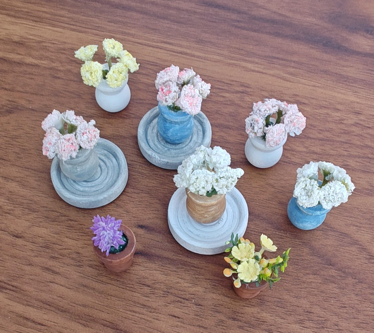 Miniature Pastel Carnations in Faux Small Cement Pot & Cement Trays Modern Dollhouse Decor