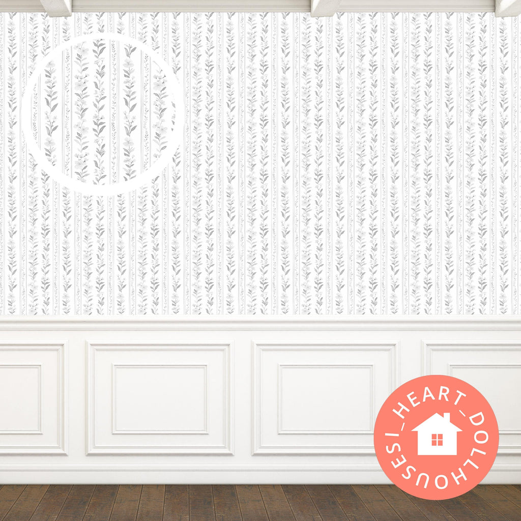 1/12 Dollhouse Gray Delicate Florals & Stripes Wallpaper Printable Download 8.5 x 11" NEW!