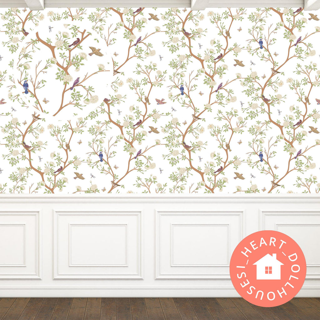 Dollhouse Wallpaper: 1/12 Scale Chinoiserie Birds & Flowers Digital Download