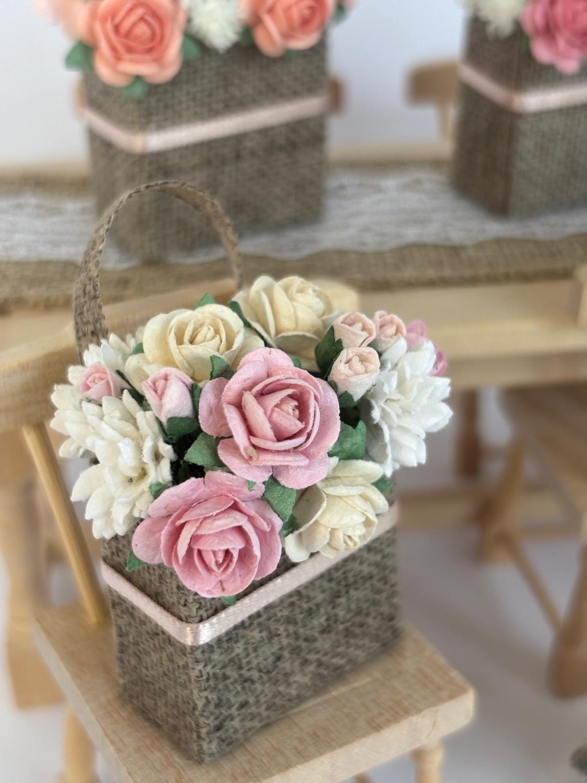 1:12 Scale Handmade Floral Basket, Cottage Garden Rose Tote, French Country Dollhouse Decor