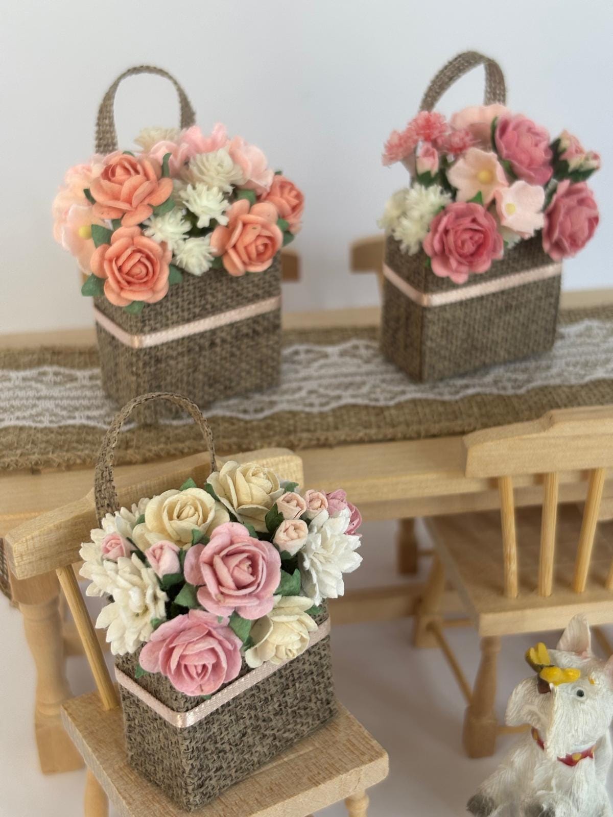 1:12 Scale Handmade Floral Basket, Cottage Garden Rose Tote, French Country Dollhouse Decor