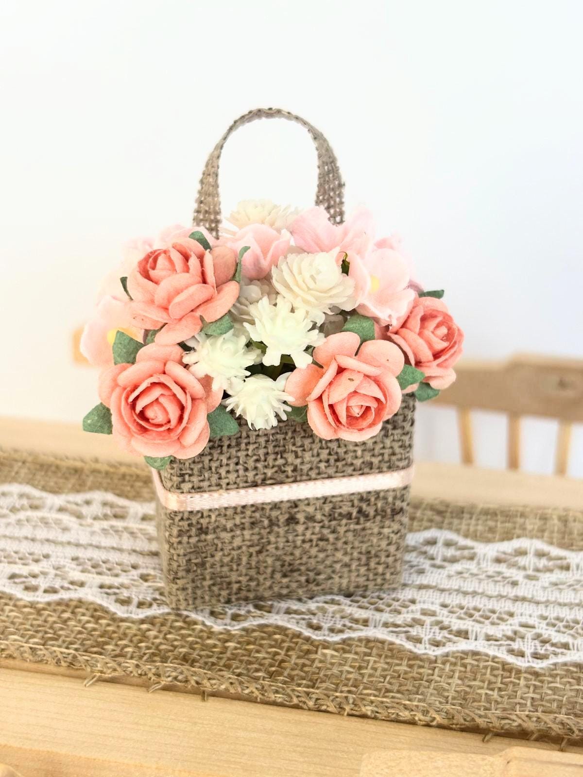1:12 Scale Handmade Floral Basket, Cottage Garden Rose Tote, French Country Dollhouse Decor