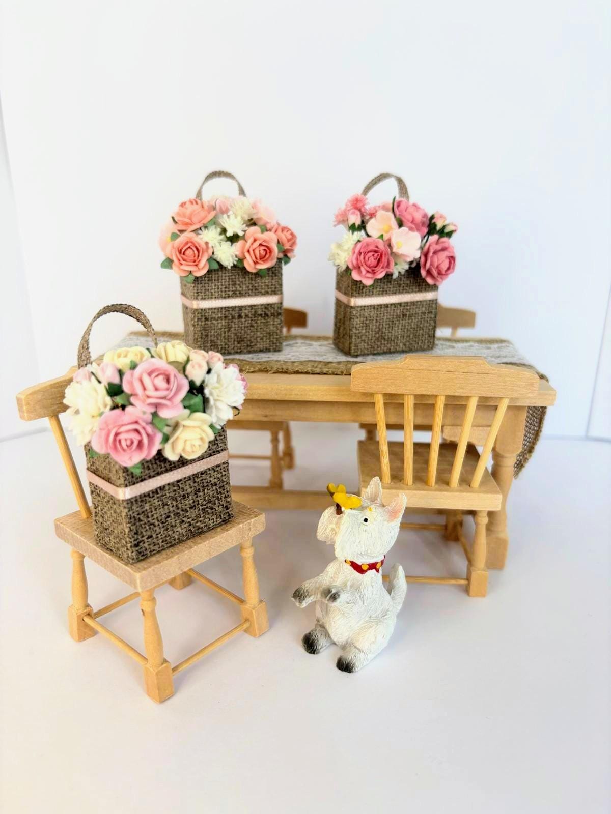 1:12 Scale Handmade Floral Basket, Cottage Garden Rose Tote, French Country Dollhouse Decor