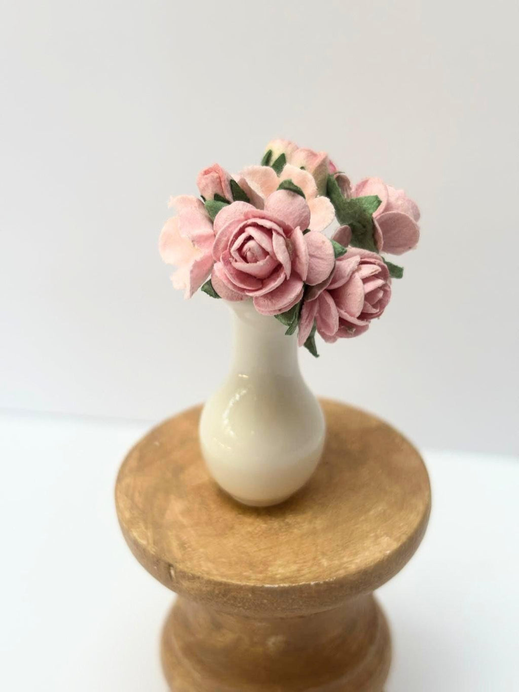 1:12 Scale Pink Paper Rose Centerpiece, Ceramic Vase, Handmade Floral Accessory