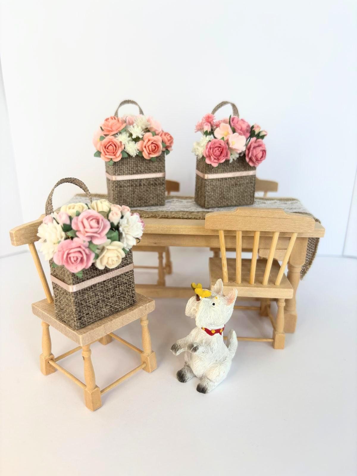 1:12 Scale Handmade Floral Basket, Cottage Garden Rose Tote, French Country Dollhouse Decor