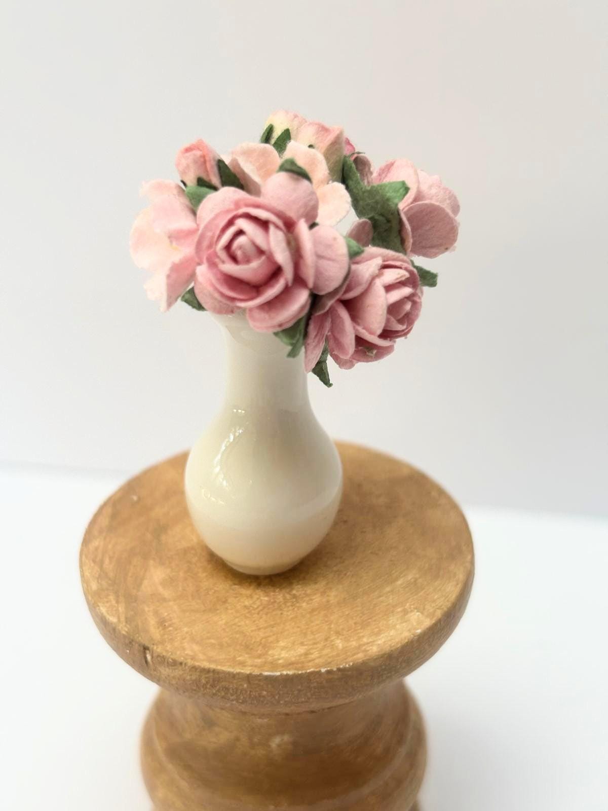 1:12 Scale Pink Paper Rose Centerpiece, Ceramic Vase, Handmade Floral Accessory