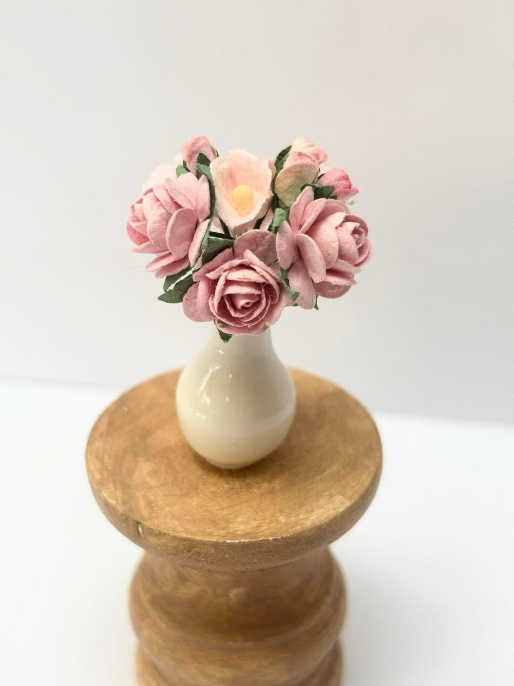 1:12 Scale Pink Paper Rose Centerpiece, Ceramic Vase, Handmade Floral Accessory