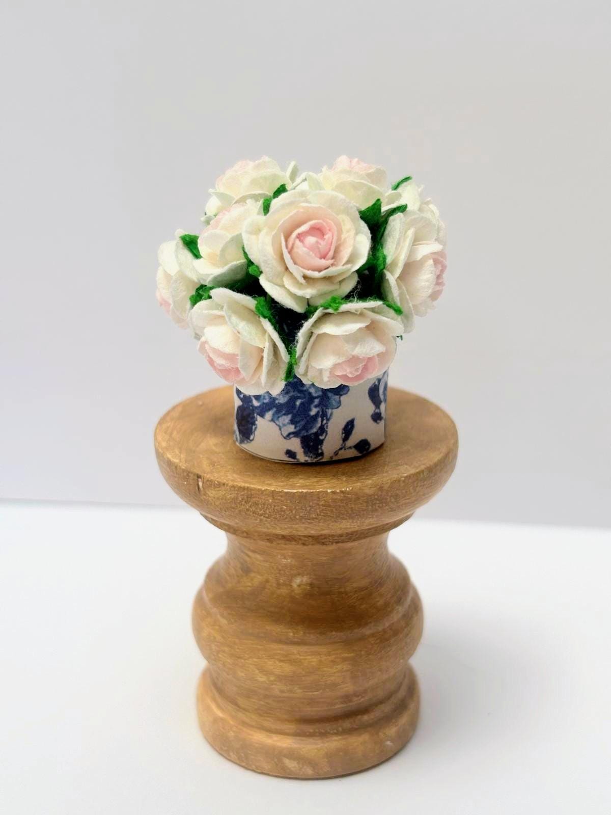 1:12 Dollhouse Floral Vase | Handmade Paper Roses, Chinoiserie Style Centerpiece