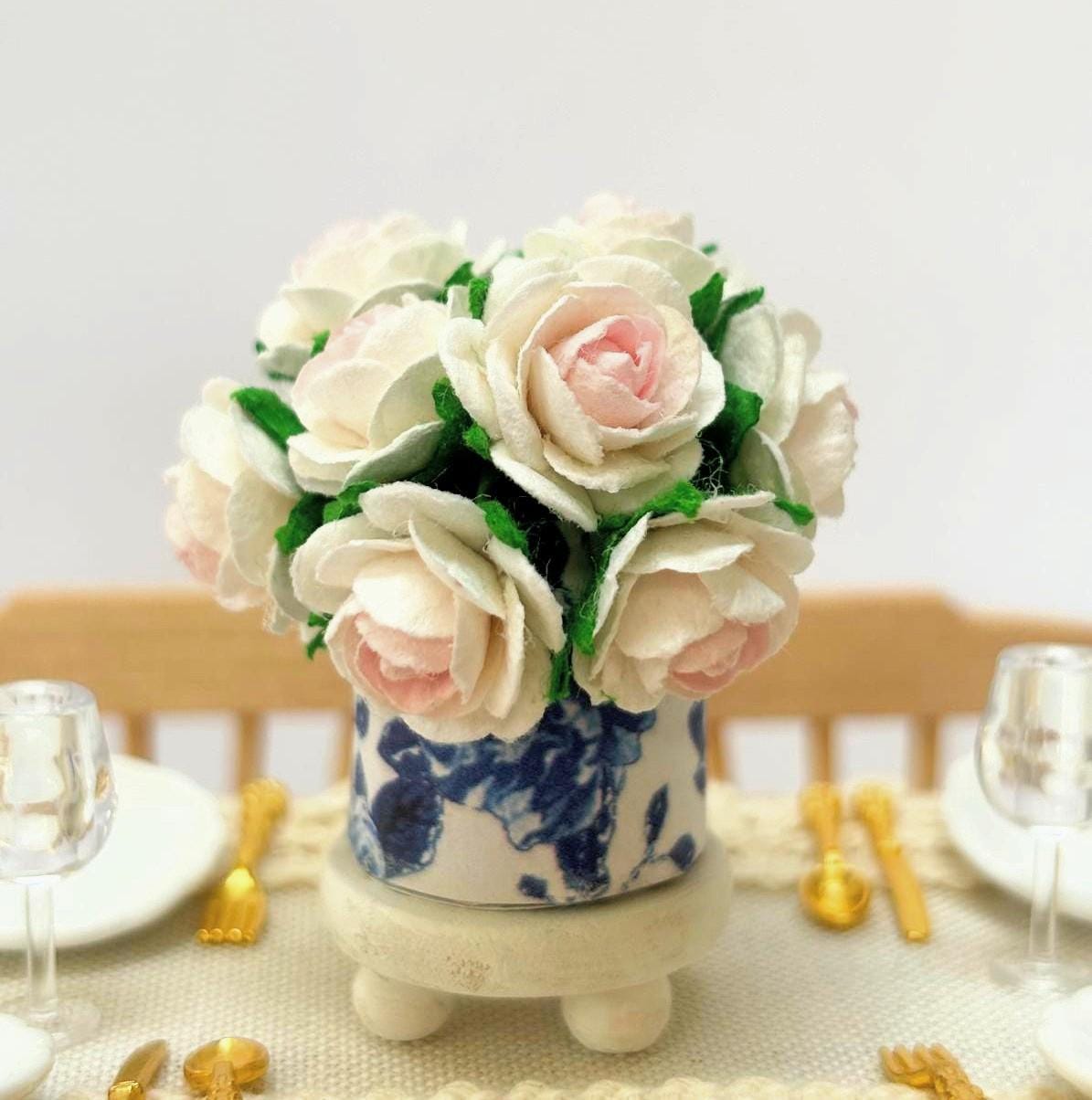 1:12 Dollhouse Floral Vase | Handmade Paper Roses, Chinoiserie Style Centerpiece