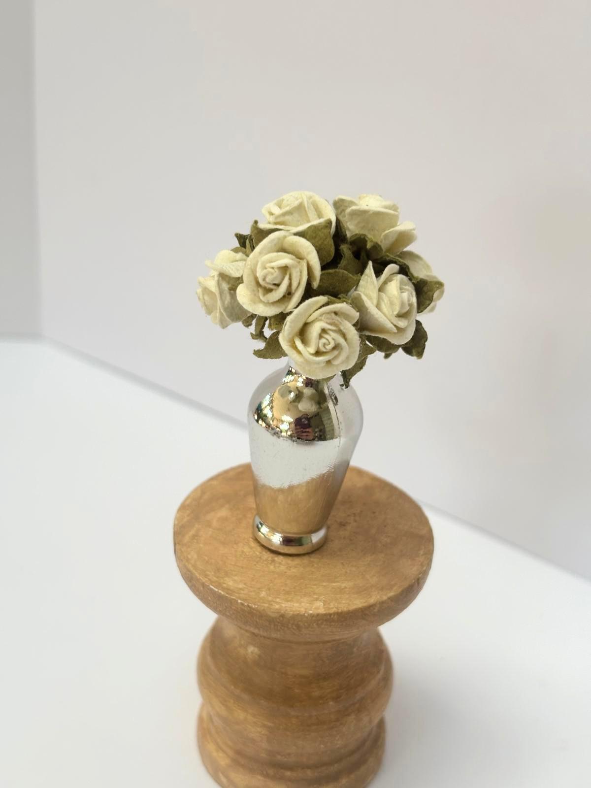 1:12 Scale Blush Rosebud Arrangement | Hand-arranged Miniature Flowers in Silver Vase