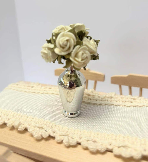 1:12 Scale Blush Rosebud Arrangement | Hand-arranged Miniature Flowers in Silver Vase