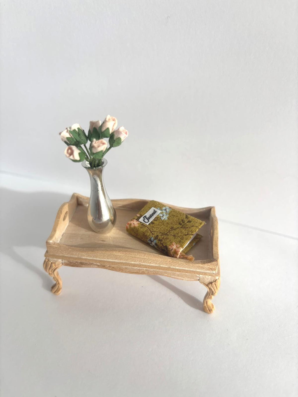 1:12 Scale Blush Rosebud Arrangement | Hand-arranged Miniature Flowers in Silver Vase