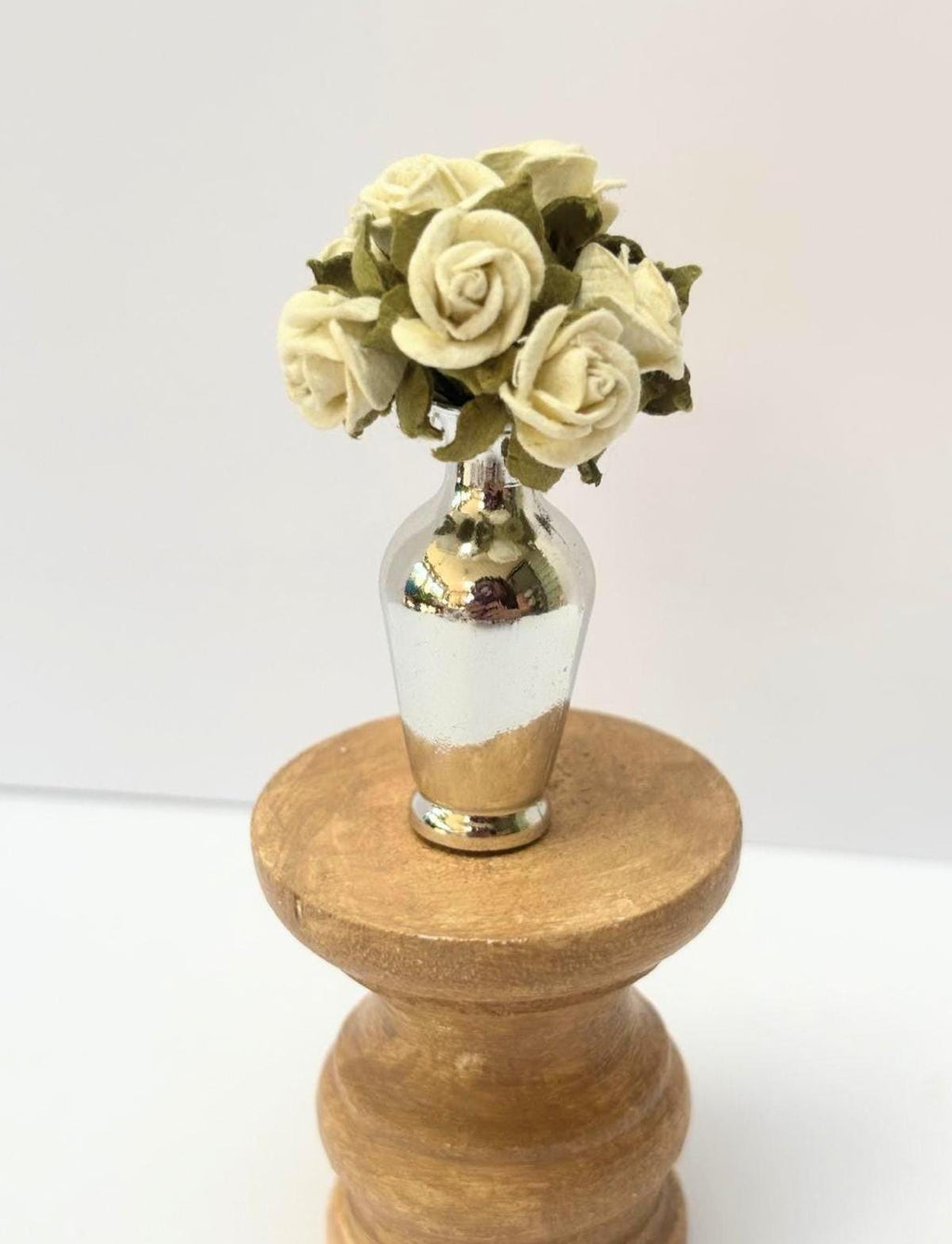 1:12 Scale Blush Rosebud Arrangement | Hand-arranged Miniature Flowers in Silver Vase