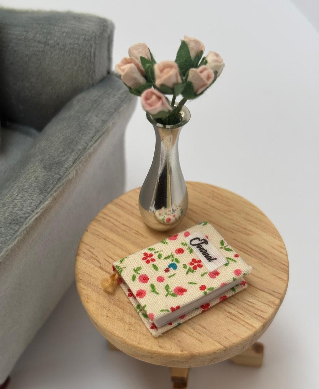 1:12 Scale Blush Rosebud Arrangement | Hand-arranged Miniature Flowers in Silver Vase