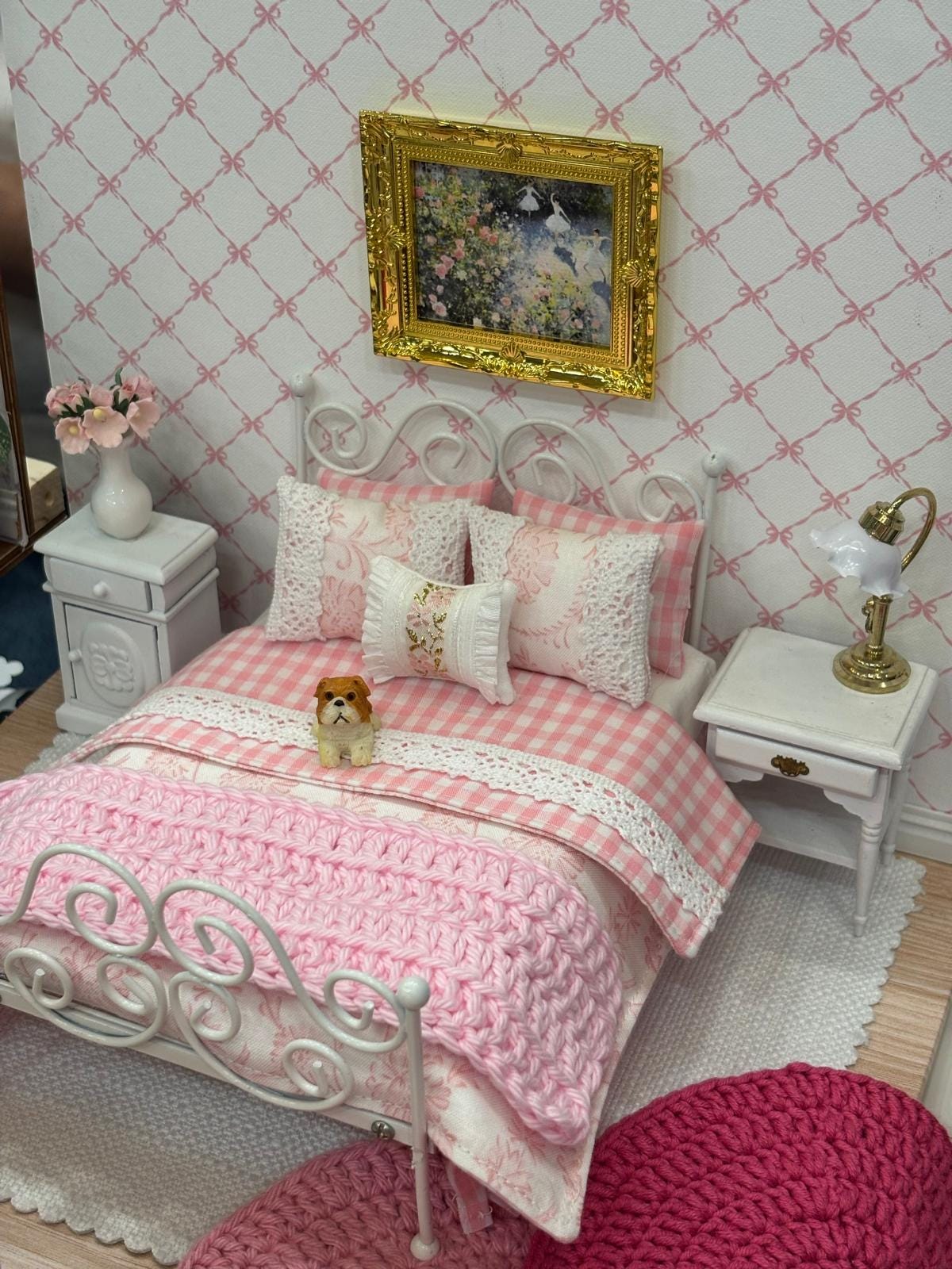 Miniature Dollhouse Bedding Set, Pink Gingham, Lace & Floral Pillows, 8 Piece Cottage Bedroom Decor