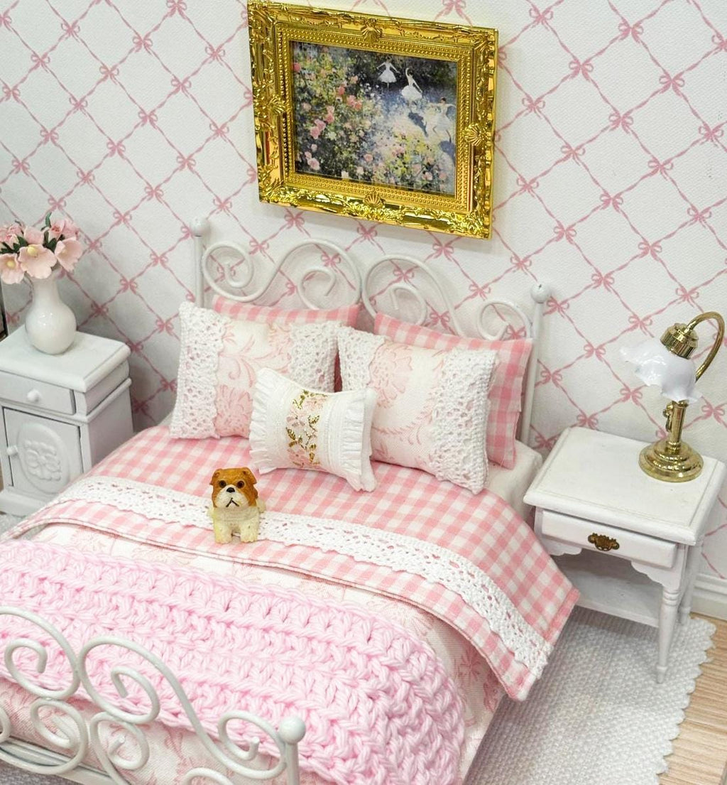 1/12 Scale Dollhouse Wallpaper: Pink Coquette Bows, Linen Texture (12x12)