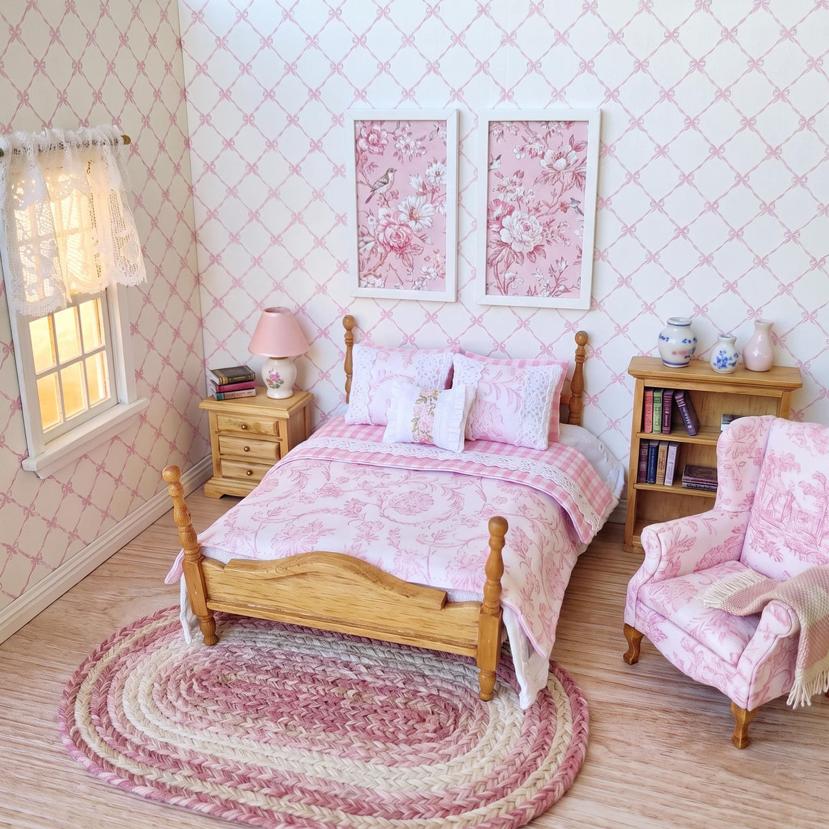1/12 Scale Dollhouse Wallpaper: Pink Coquette Bows, Linen Texture (12x12)