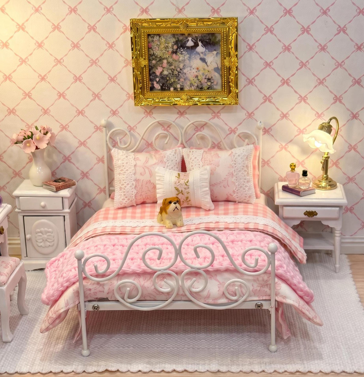 1/12 Scale Dollhouse Wallpaper: Pink Coquette Bows, Linen Texture (12x12)
